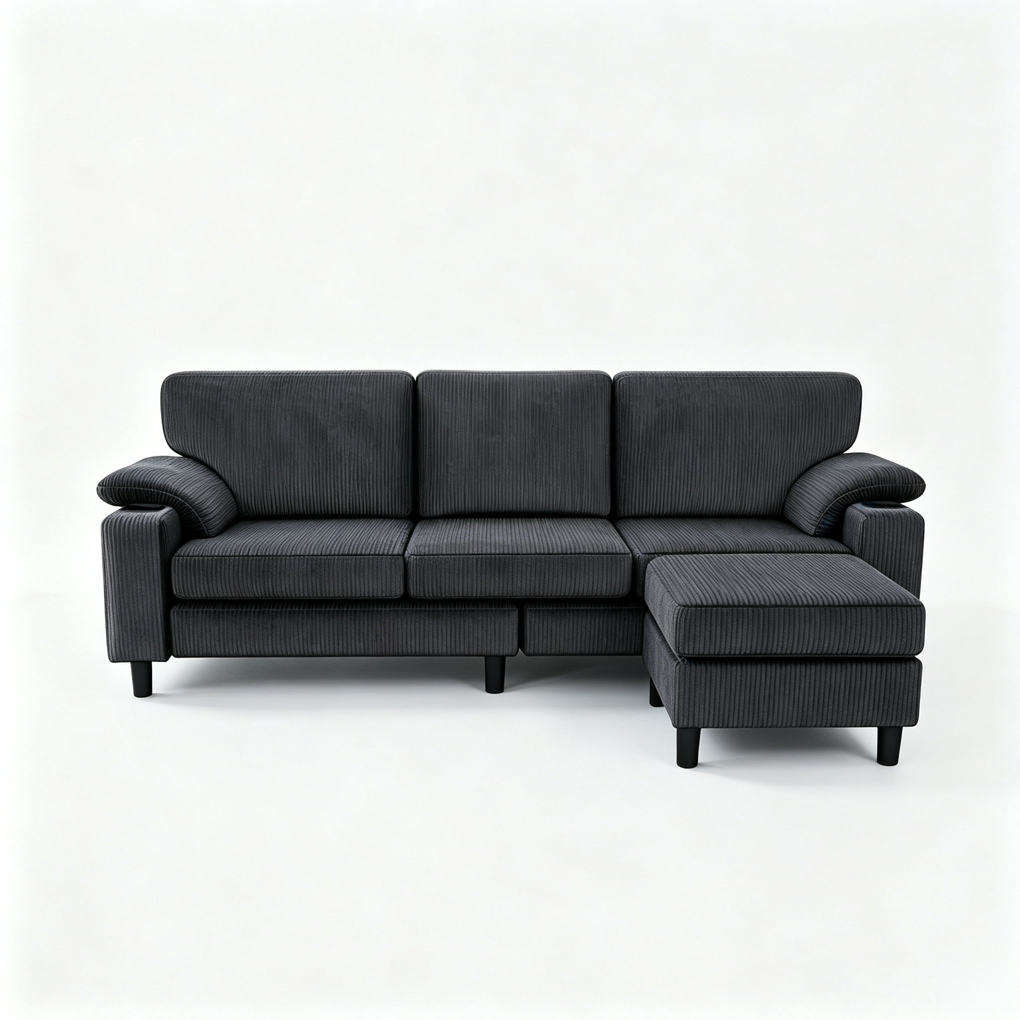 Anpport 80" L‑Shaped Corduroy Sectional Sofa, 3‑Seater Couch with Storage Ottoman, USB Port & Cup Holders for Small Spaces, Dark Gray