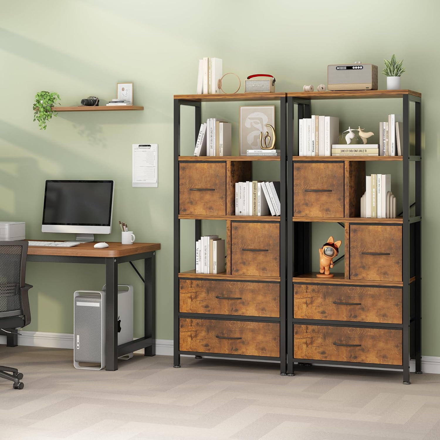 Display Shelf, 5 Layers Cube Storage Organizer, Iron Frame Shelf Opening, Bookcase for Office, Storage Bins with 4 Fabric Drawers, Modern Open Bookcase, Multifunctional Display Shelf for Living Room