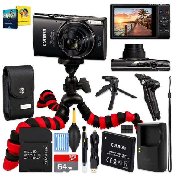 Canon PowerShot ELPH 360 HS Digital Camera (Black) | 20.2MP CMOS, 12x Optical Zoom, Full HD 1080p, 7.2fps, Built-In Wi-Fi | 64GB Card, Spider Tripod, Canon Leather Case (International Version)