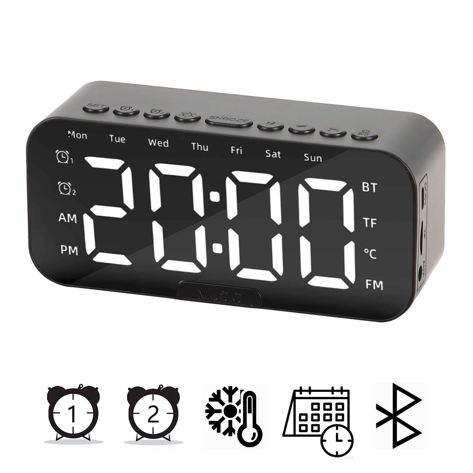 PULLIMORE Multifunction Digital Smart Alarm Clock, Wireless Bluetooth Speaker with Stereo Subwoofer