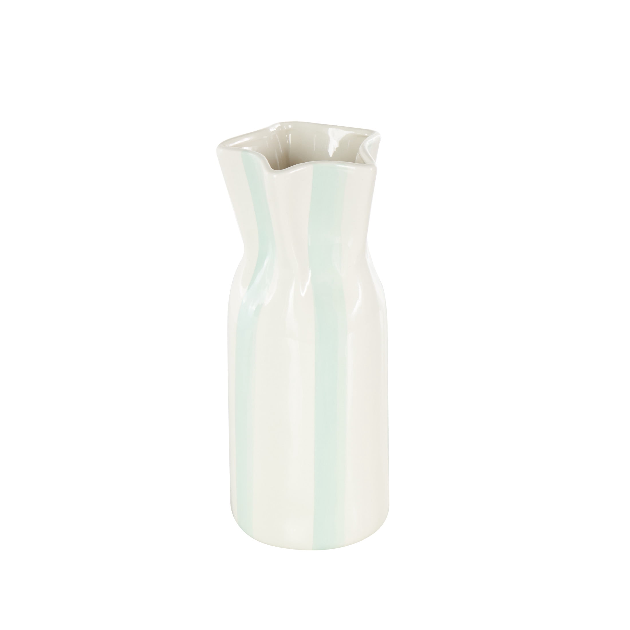DecMode 12" Round Light Blue Ceramic Vase with White Vertical Stripes