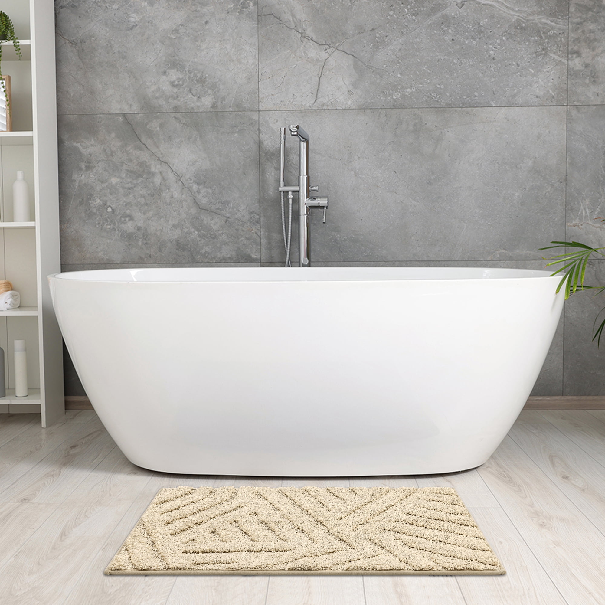 Unique Bargains Bathroom Rugs Non Slip Bath Mat Geometric Soft Mat Washable Carpet Khaki 16*24in