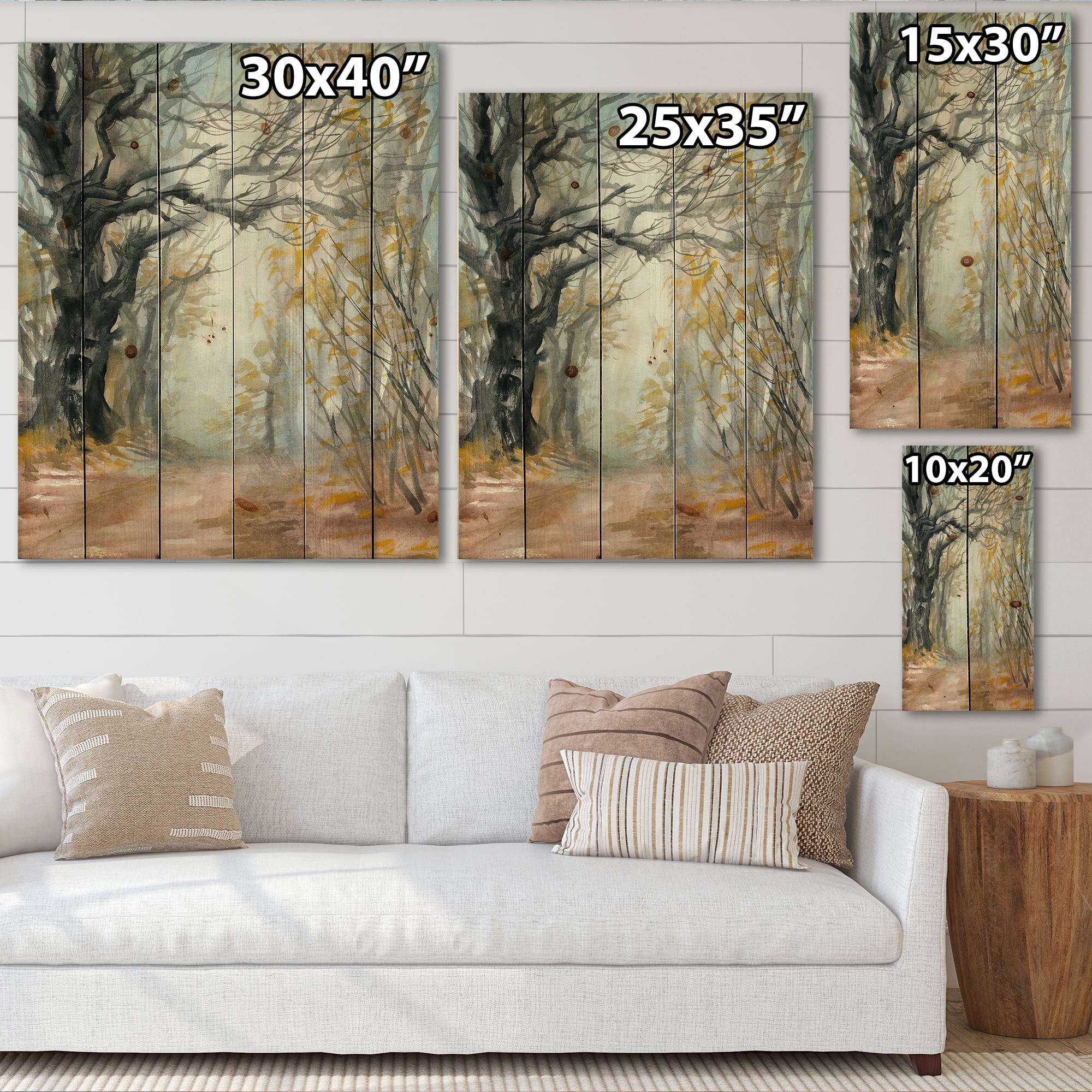 Designart 'Autumn in Misty Forest' Lake House Print on Natural Pine Wood