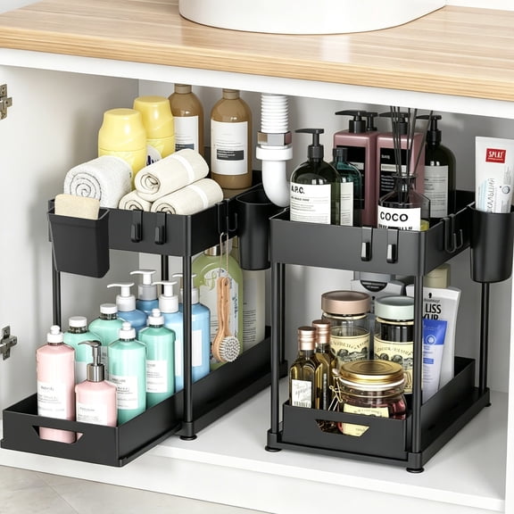 Kisportee Under Sink Organizer, 2 Pack Bathroom Cabinet Organizer, 2 Tier Sliding Cabinet Organizer Drawer with 10 Hooks, 4 Hanging Cups, Multi-Purpose Kitchen Organizer and Storage, Black