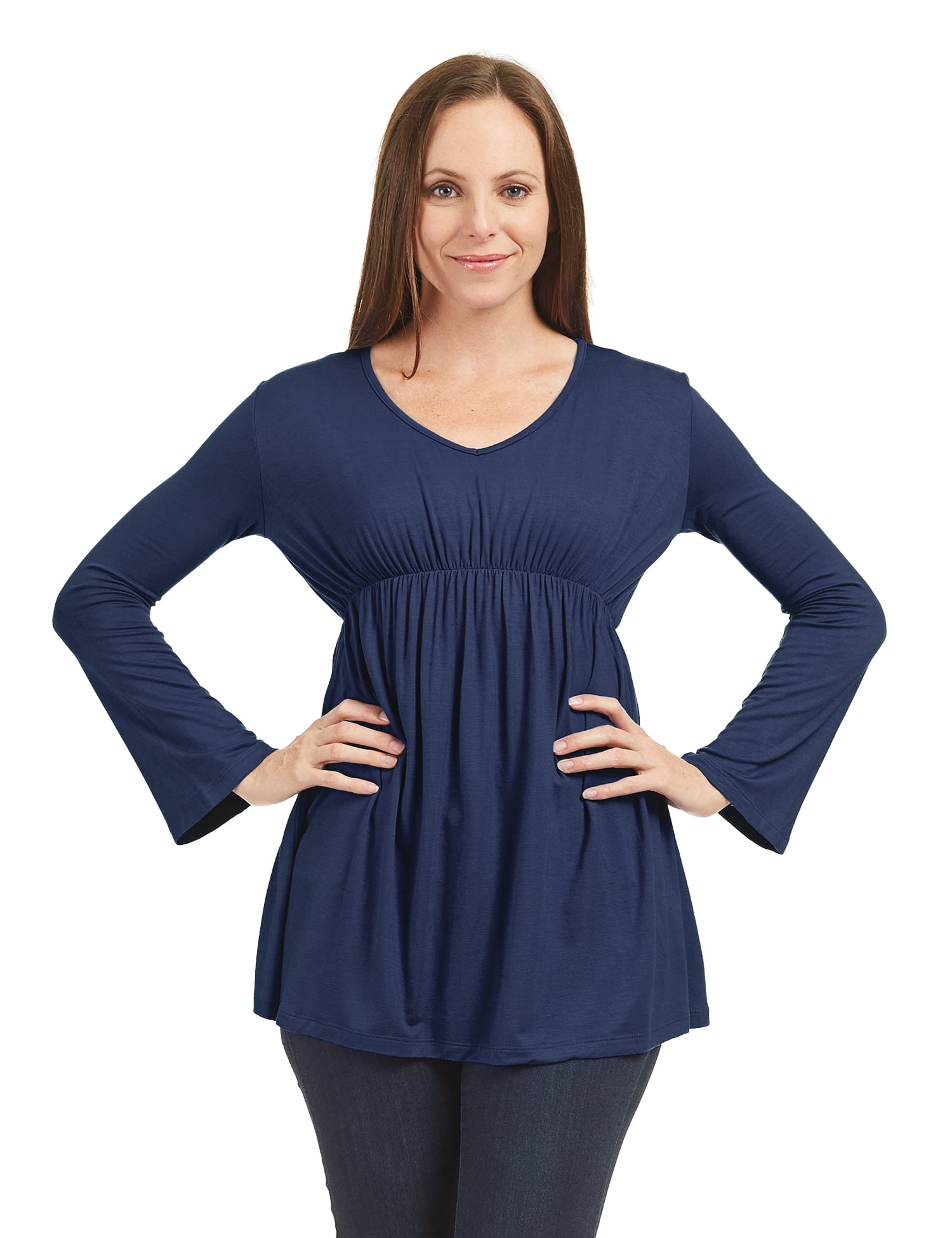 WT1477 Womens V Neck Long Sleeve Empire Waist Tunic Top XL Navy