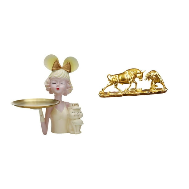 Estatua De Niña De Arte Moderno Con Bandeja Para Guardar Llaves Y Figura De Toro Feng Shui, Escultura Creativa De Resina Animal Para Dormitorio, Mesa, Entrada, Decoración De Armario.