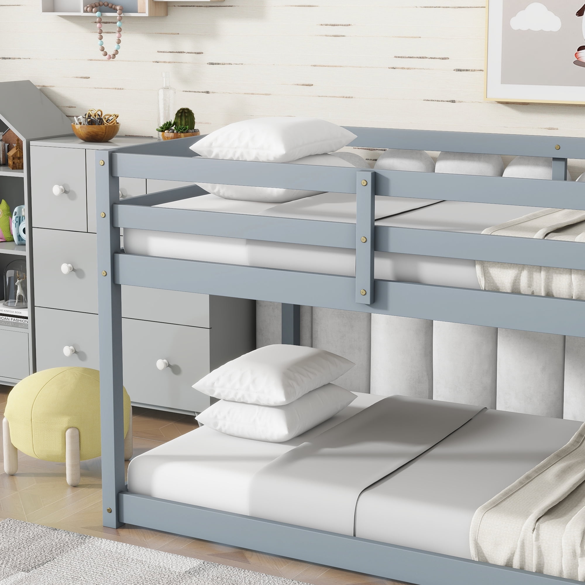 Sailvan Twin over Twin Floor Bunk Bed with Ladder, Solid Wooden/Solid Rubber, Upper and Bottom Bed Platforms crafted with Strengthened Slats
