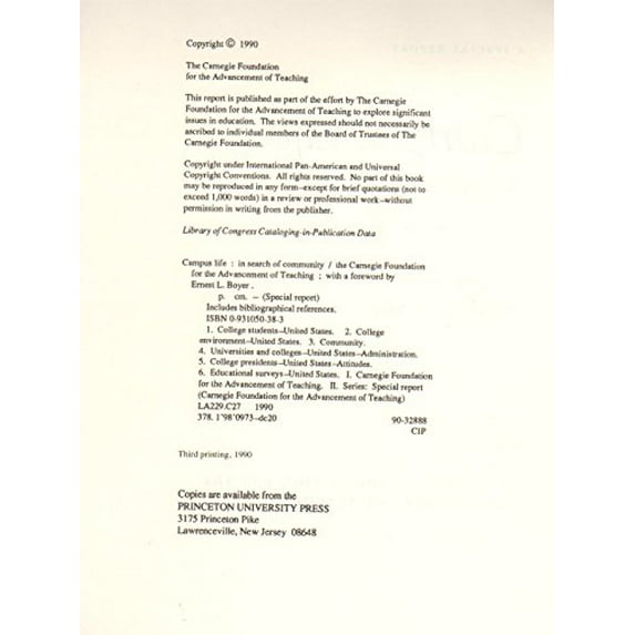 Pre-Owned Campus Life: In Search of Community (Carnegie Foundation for the Advancement of Teaching) (Paperback) 0931050383 9780931050381
