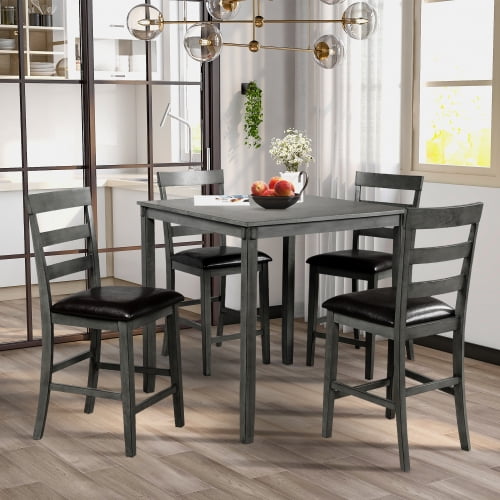 Contemporary Dining Set for 4, Square Counter Height Wooden Kitchen