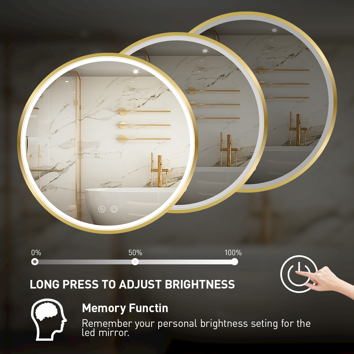 FTOTI 32" Round Gold LED Bathroom Mirror - Anti-Fog, Dimmable Touch, IP54 Waterproof, 90+ CRI, Wall Mounted