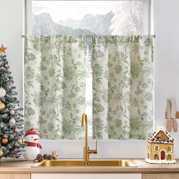 Cortinas JINCHAN Cortinas de Cocina de Lino Floral 36 cm Estilo Granero Verde