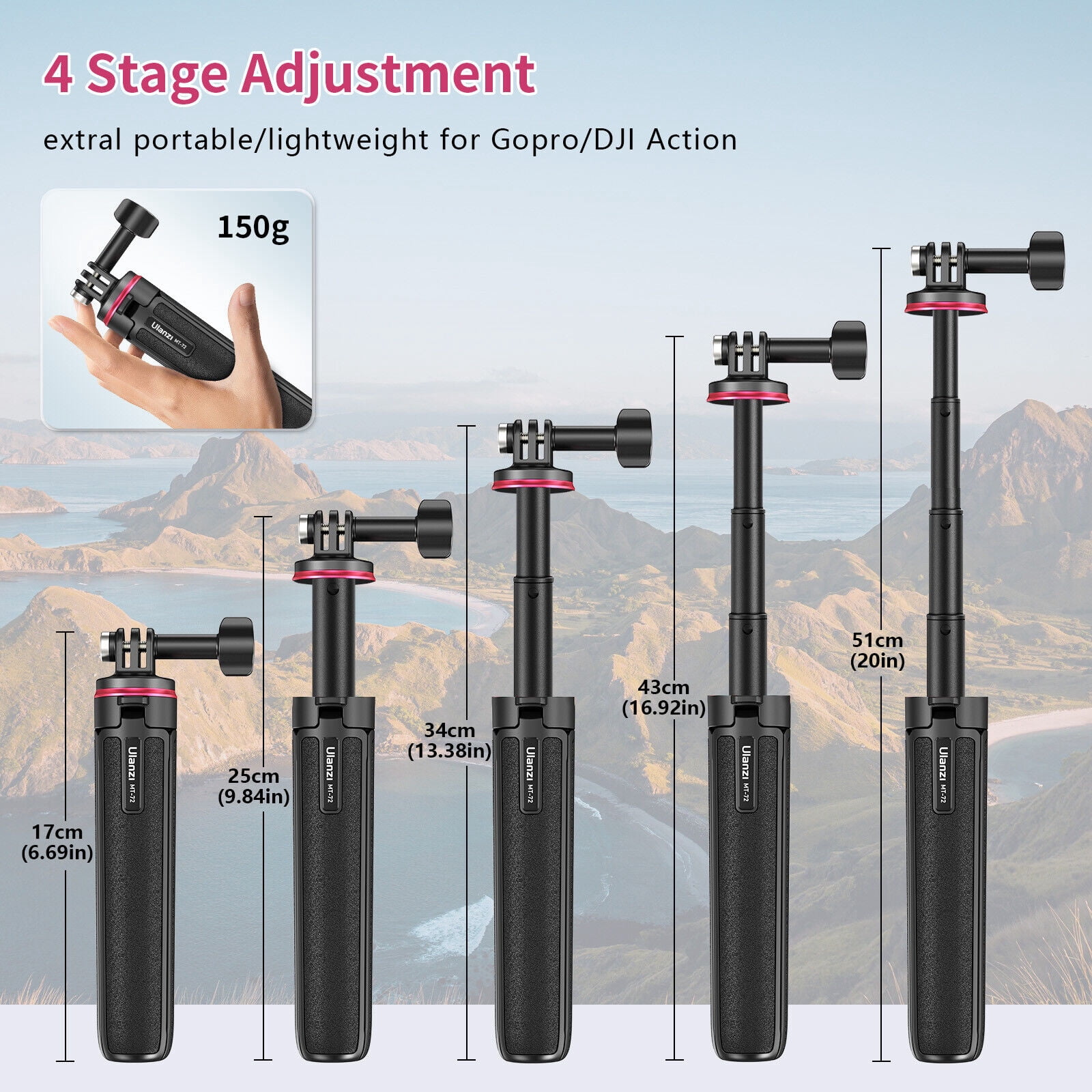 Ulanzi MT-72 Magnetic Quick Release Action Camera Tripod 17cm to 51cm Extendable Lightweight Aluminum Handheld Tripod/Monopod with Anti-Slip Base for GoPro DJI Travel Vlogging