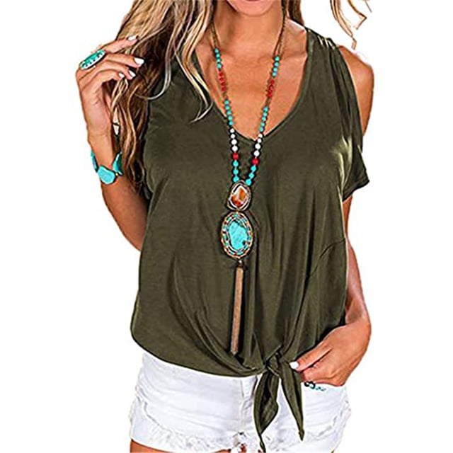 Sonducket Camiseta de mujer con cuello en V y hombros descubiertos, blusa informal de manga corta, negro, 3XL Prendas para la parte del cuerpo ejercito verde XL
