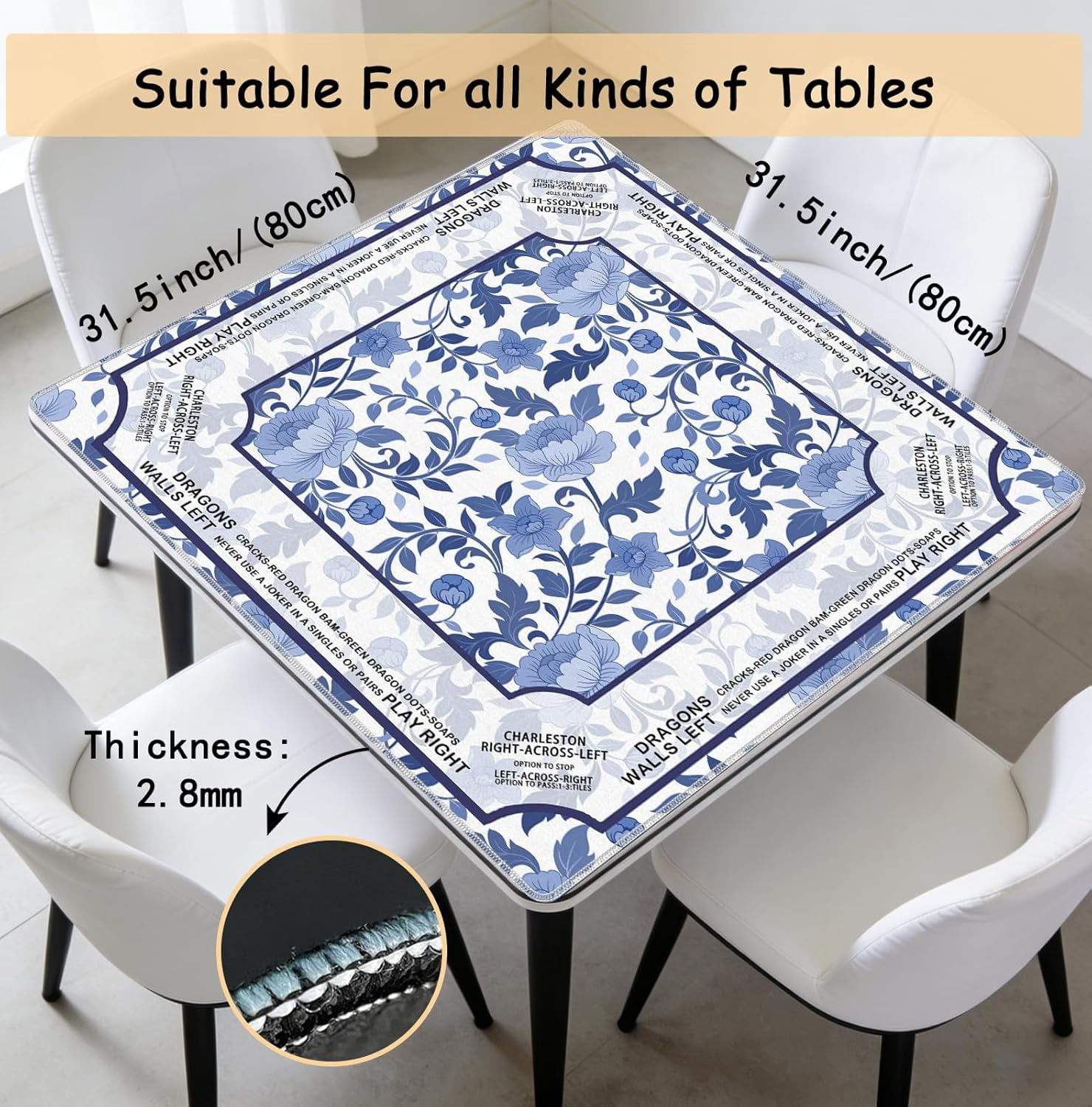 Blue and White Chinoiserie Floral Bird Mahjong Mat 31.5 x 31.5 Inch, Traditional Chinese Non-Slip Noise Reduction Mahjong Table Mat for American Mah Jong Poker Card Board Games Dominoes