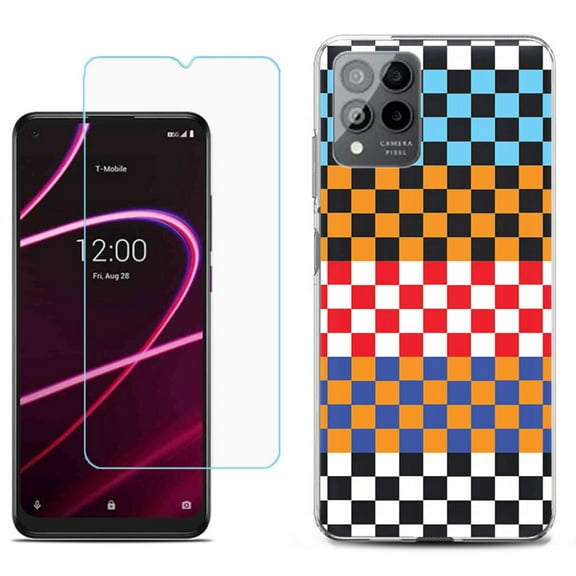 Slim-Fit Gel TPU Phone Case for T-Mobile Revvl 6 Pro 5G, with Tempered Glass Screen Protector, by OneToughShield ® - Colorful Checker