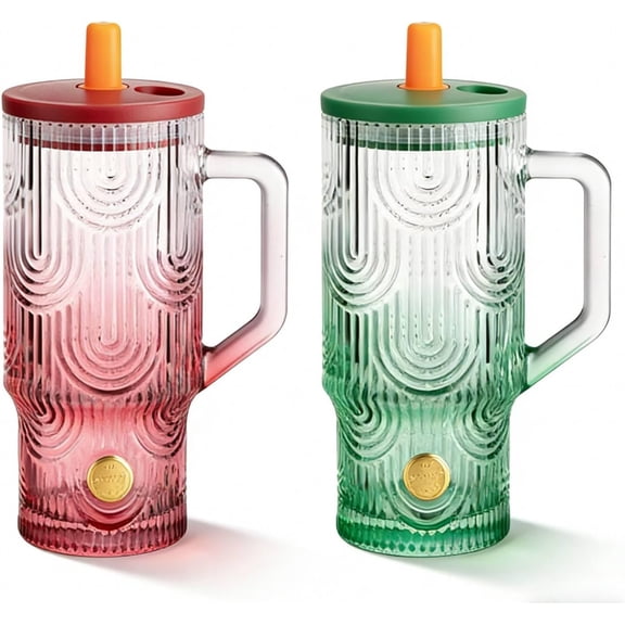 20oz Tumbler with Handle, Glass Cups with Lids and Straws, Leakproof, Bpa-Free, Green and Pink