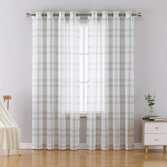 Shininglove Buffalo Plaid Curtains Linen Checked Curtain Drapes Semi-Sheer Rustic Window Treatment Sets, 52" W x 84" L, Taupe, 2 Panels