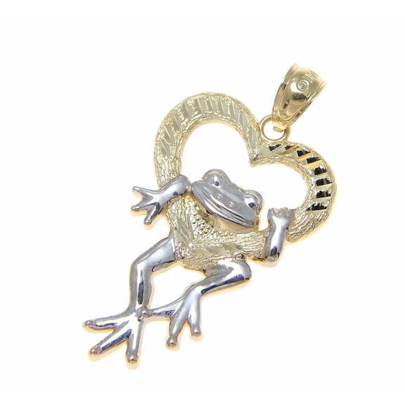 Solid 14k yellow gold heart white gold Hawaiian lucky happy frog pendant 17.85mm