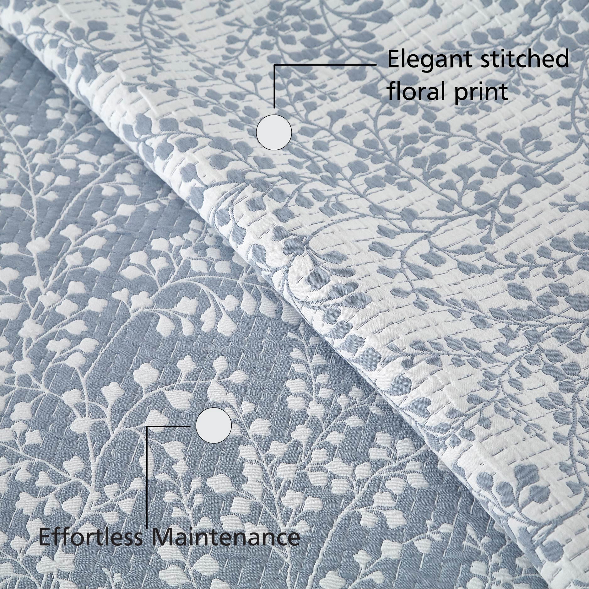 Mainstays Botanical Floral Stitched Quilt, King, Light Blue, Reversible Lightweight Bedding