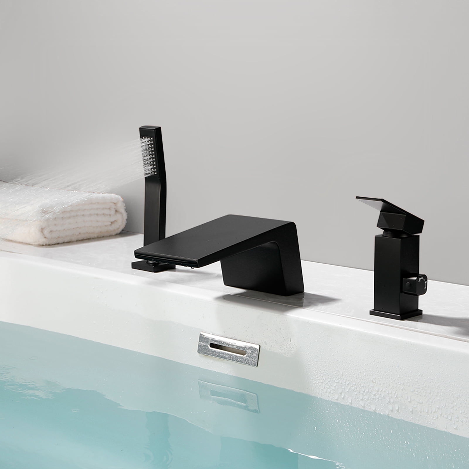 Cobbe Single Handle Bathroom Bathtub Faucet with 3.5-Inch Wide Waterfall Spout and Handheld Shower 3-Hole Deck Mount Matte Black