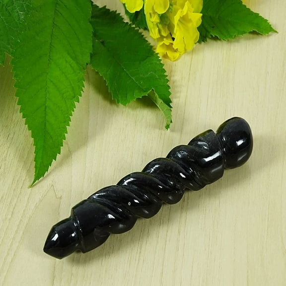 Reikiera Black Tourmaline Stone Spiral Massage Wand Spiritual Healing Crystal Reiki Gemstone-13-16 cm