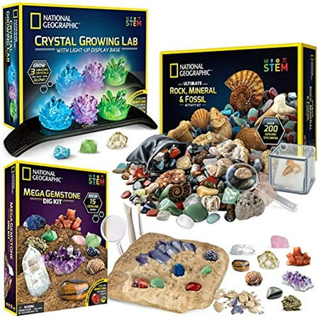 NATIONAL GEOGRAPHIC Geology Bundle 3 Rock Fossil and Crystal Kits Grow Crystals Start a Rock Mineral Fossil Collection Dig Up 15 Real Gemstones Great STEM Science Kit for Boys and Girls