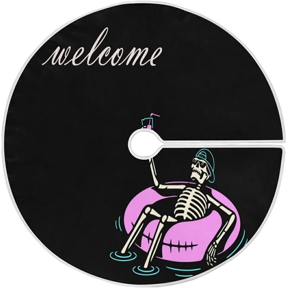 FMSHPON Skeleton Welcome Xmas Christmas Tree Skirt Stand Mat for Holiday Party Decoration Indoor Outdoor 48 inches