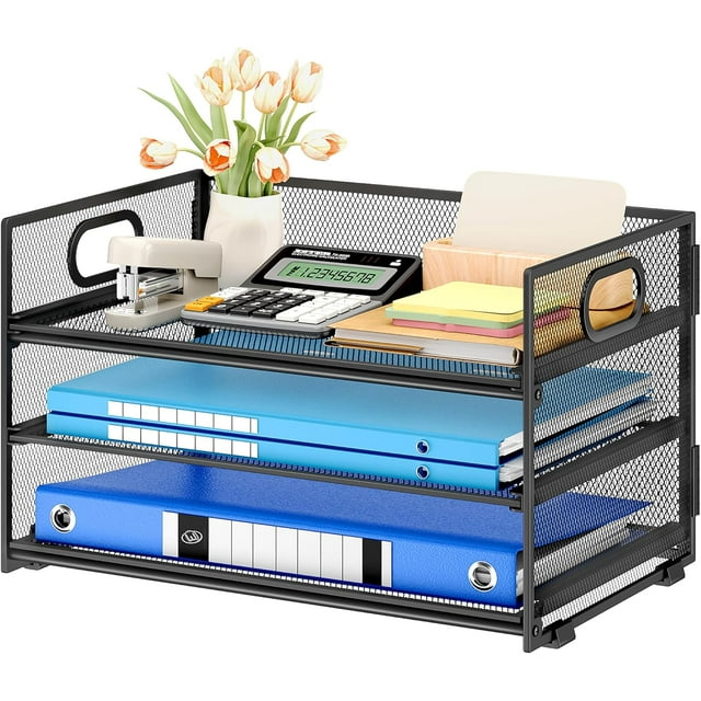 Letter Tray Paper Organizer with Handle Sliding Tray Metal Mesh Desk File Folder Paper Sorter Organizer for Home Office School Desk Supplies Organization