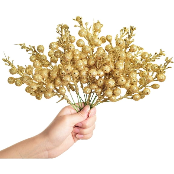 10 Pack Christmas Glitter Berries Stems, 7.8 Inch Artificial Christmas Picks for Christmas Tree Ornaments, DIY Xmas Wreath, Crafts, Holiday and Home Decor