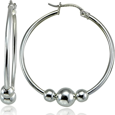 Square Beaded Hoops - Sterling Silver Beaded Round Hoop Earrings, 28mm