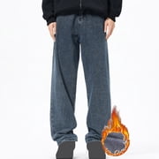 FcBaudy Full Length Pants Men's Plush Thick Jeans With Elastic Drawstring Loose Oversized Straight Leg Pants Men's Long Pants Man pants