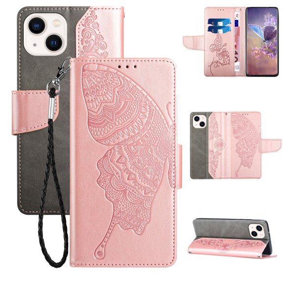 Nalacover Wallet Case for iPhone 14 Plus, Butterfly Embossed Pattern Luxury PU Leather Magnetic Flip Folio Cover with Card Slots Holder Kickstand Wrist Strap Soft Silicone Shockproof Case,Rosegold