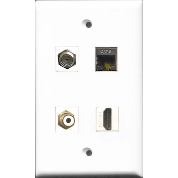 RiteAV 1 Port HDMI and 1 Port RCA White and 1 Port Coax Cable TV- F-Type and 1 Port Shielded Cat6 Ethernet Wall Plate