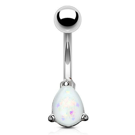 Chandelier Teardrop Navel Ring - Belly Button Ring 14g Opal Glitter Tear Drop Prong Set 316L Surgical Steel Navel