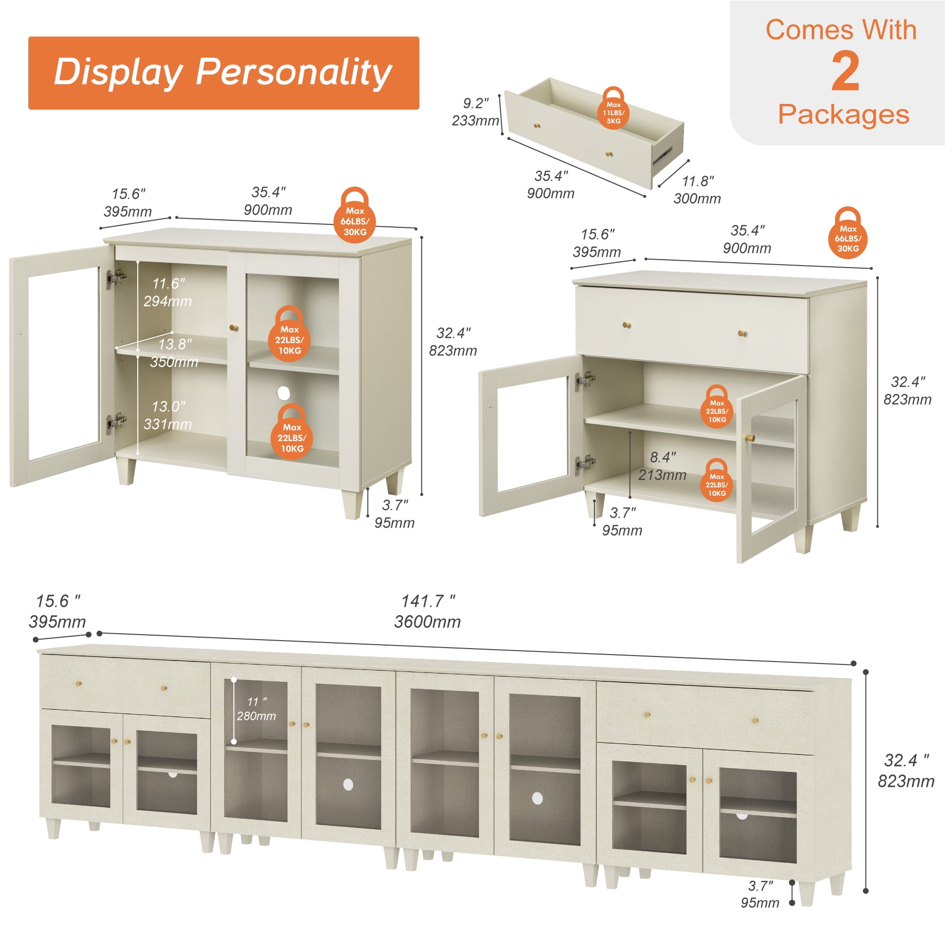 Modern Glass‑Door Combo Dresser, Bedroom Modular Organizer – 2 Wide Drawers, 2 Adjustable Shelf & 2 Fixed Shelves, Anti‑Tip, Beige, 142" W