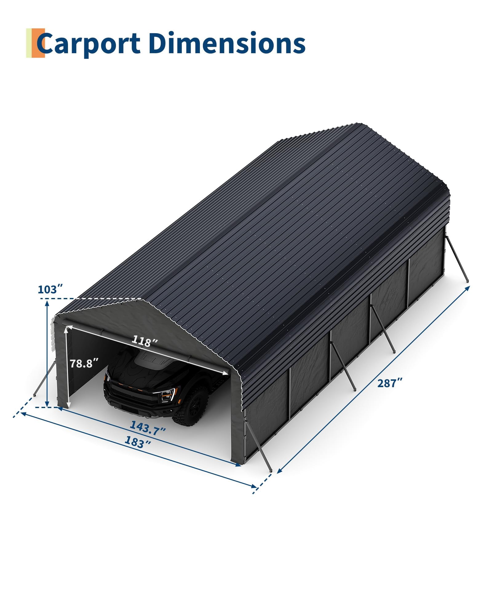 12'X24'X9' Metal Carport, Enclosed Car Ports with Heavy Duty Steel Frame and 220 g Tarp, All-Weather Carport for Full-Size Pickup Trucks, Bass Boats, and Tractors