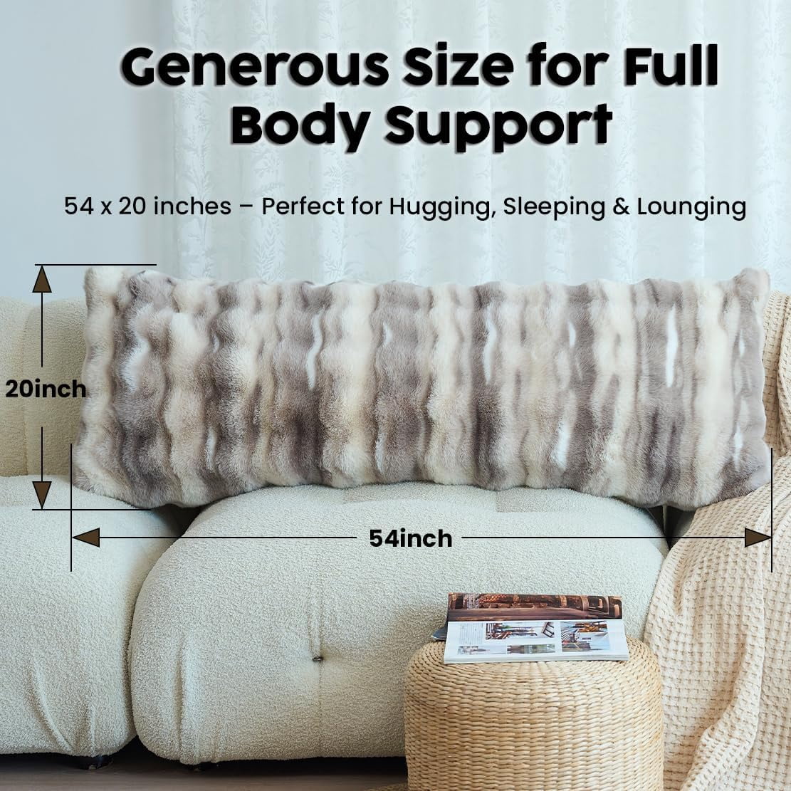 Winter Fluffy Full Body Pillow – Memory Foam Pregnancy Pillow, Nursing for Side Sleepers, Weighted Adults, Greyish Brown