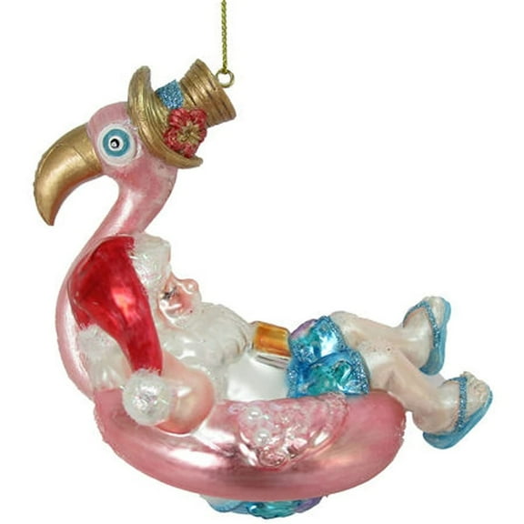 Blown Glass Santa In A Flamingo Float Ornament