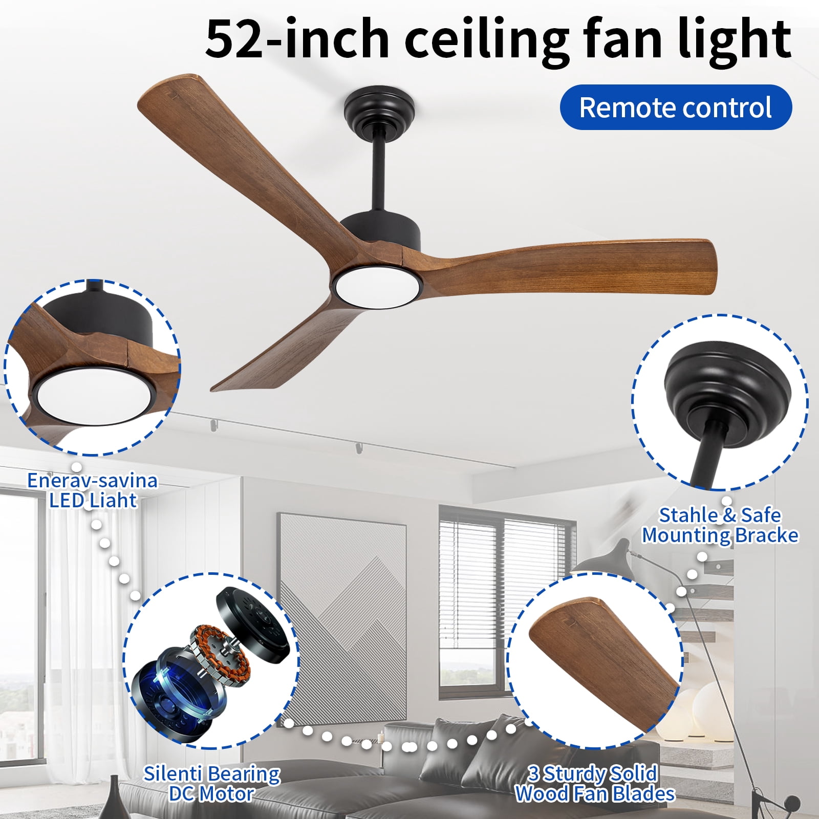 WOZZIO 52 inch Ceiling Fans with Light and Remote Control,3 Dark Brown Solid Wood Blades, Home