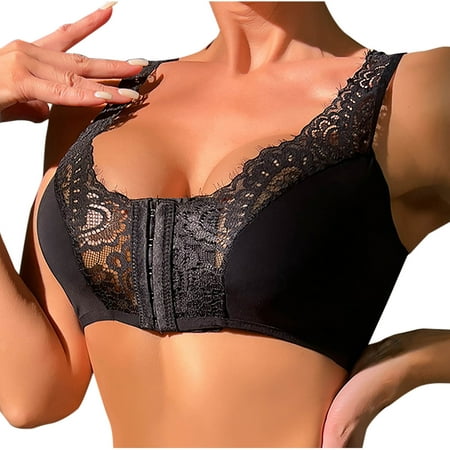 Front Close Lace Bra for Women Comfy Wireless Post Surgery Padded Support Wirefree Bra Racerback Low Cut Shapewear Bra
