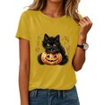 thumbnail image 2 of COMVALUE Women's Halloween Black Cat Pumpkin Art Print Crew Neck Short Sleeve T-Shirt (Yellow, M), 2 of 9