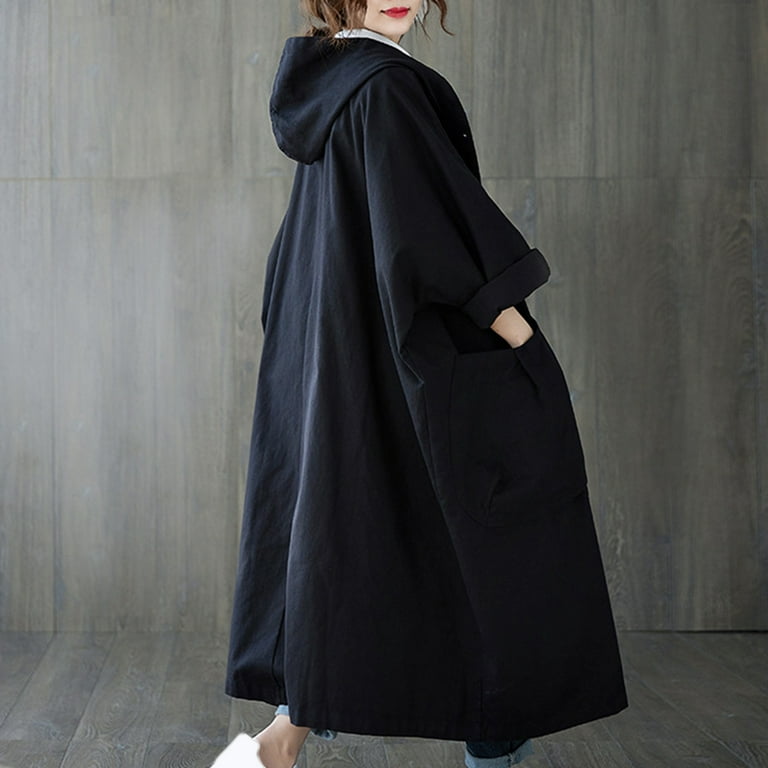 Spring Autumn Women Trench Coat Solid Color Loose Hooded