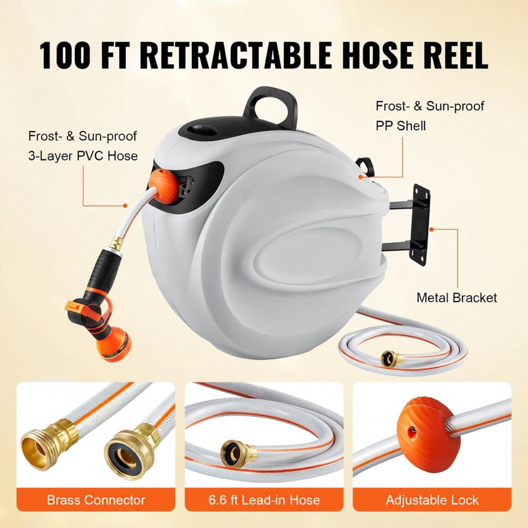 Retractable Garden Hose Reel, 100 ft x 1/2 Inch, with 9-Pattern Nozzle, Automatic Rewind, Wall Mounted
