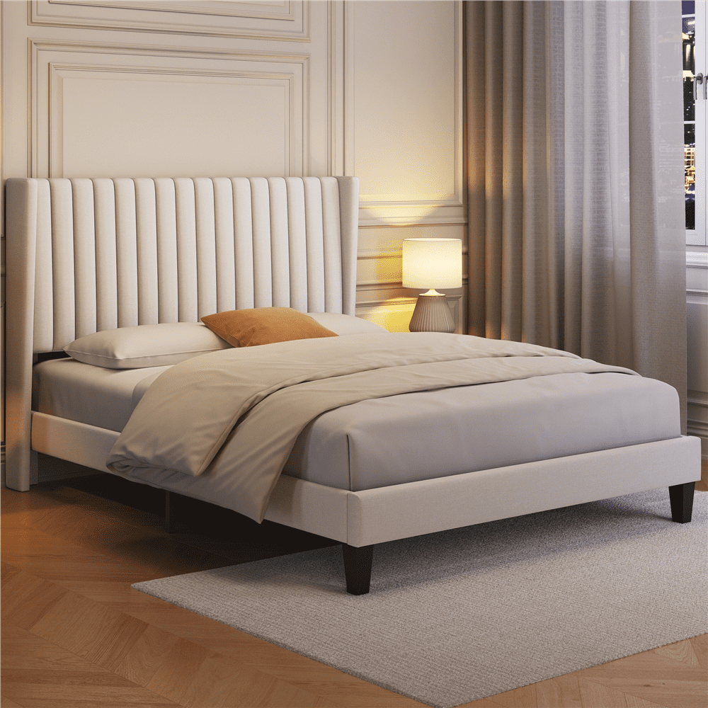 Renwick Upholstered Platform Queen Bed with Wing Side, Adult, Ivory