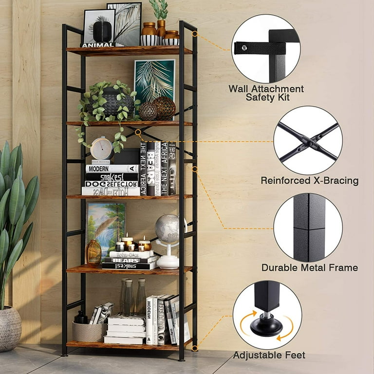 5 Tier Ladder Bookshelf, Blarity Industrial Open Bookcase Storage  Organizer, Modern Tall Book Shelf for Bedroom, Living Room and Home Office,  Rustic Brown 