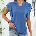 thumbnail image 4 of NAFUU Soft Ladies T-Shirts Solid Color V-Neck Summer Batwing Sleeve Loose Fit Casual Top With Small Collar Women's T-Shirts，Blue, 4 of 8