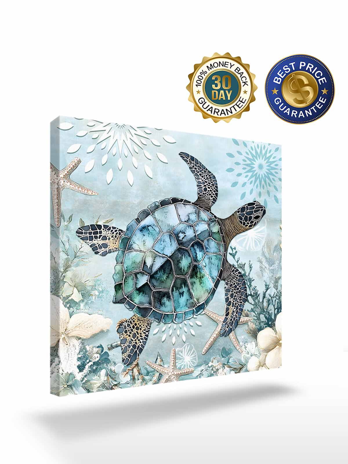 Ocean Turtle Canvas Wall Art, Marine Life Starfish Coral Retro Framed Wall Decor Modern Artwork Prints Painting for Living Room, Bedroom, Kitchen & Cafe Decor 16x16 Inch