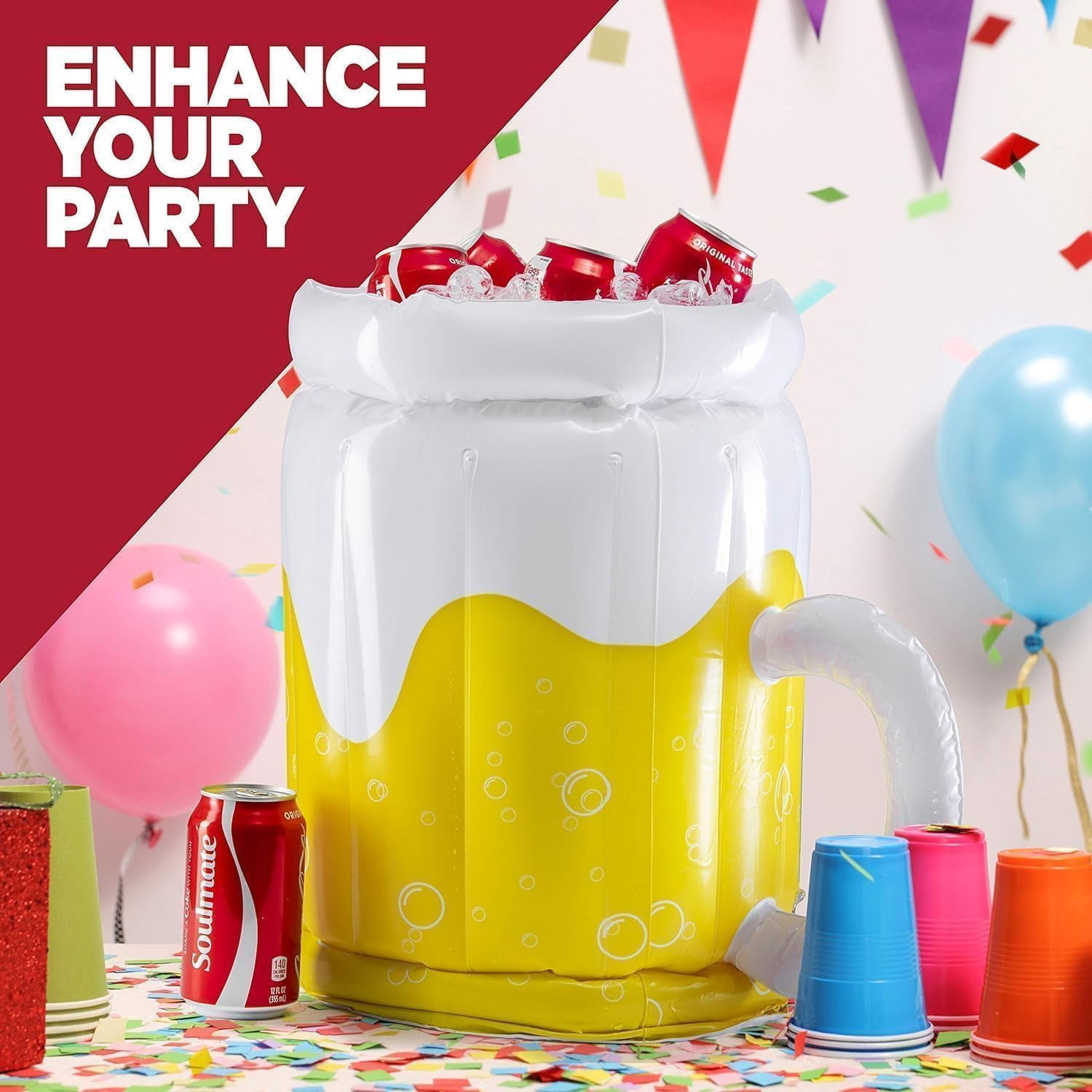 Large 17.71" Inflatable Cooler 2Pack Beer Mug Floating Drink Chiller for Pool Party Summer Gathering Bachelor Party Decor