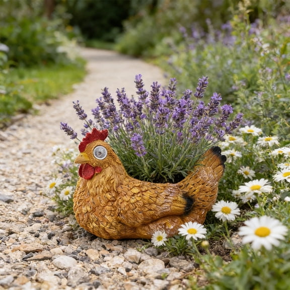 Solar Powered Hen Shaped Decorative Planter Resin Chicken Garden Statue With Led Light Farmhouse Outdoor Decor For Patio Porch And Garden Ideal For Small Flowers