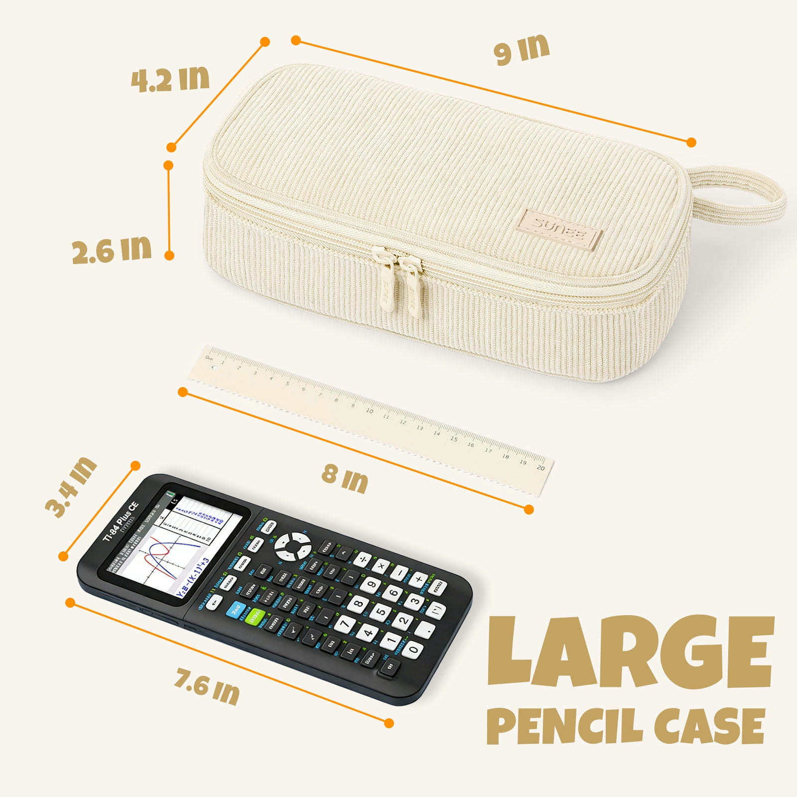 SUNEE Cute Pencil Case, Large Capacity Pencil Pouch Aesthetic Zipper Pencil Bag, Big Storage Pen Organizer for Stationery, Soft Corduroy Pencil Box Back to School Supplies for Teen Girls Boys, Beige